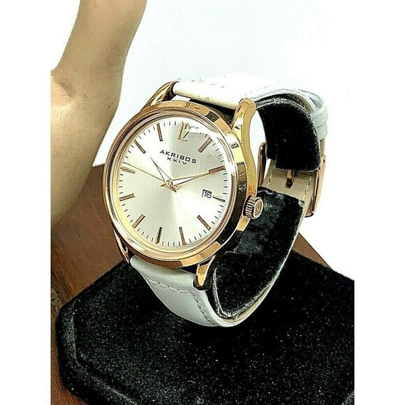 Akribos XXIV Women\'s Watch AK921 Quartz Rose Gold Silver Dial White Leather Band main image 6